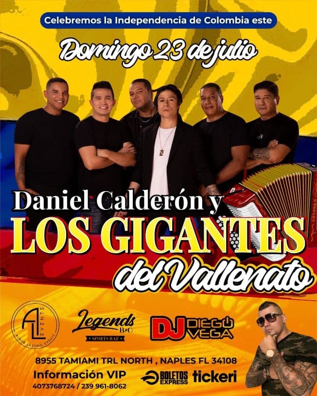 Event - DANIEL CARDERON Y LO GIGANTES DEL VALLENATO EN NAPLE - Naples, Florida - July 23, 2023 | concert tickets