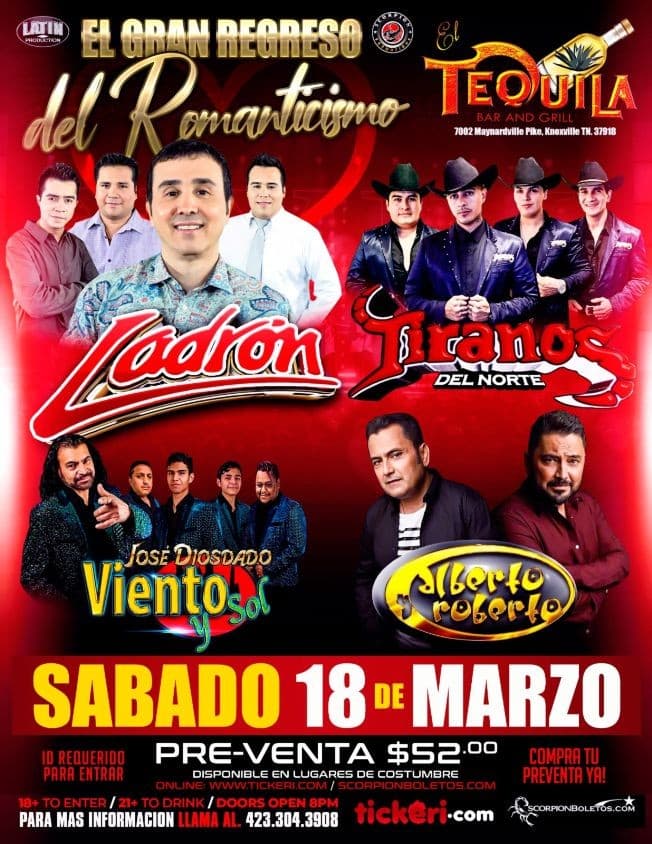 Event - LADRON , TIRANOS DEL NORTE , JOSE DIOSDADO VIENTO Y SOL, ALBERTO Y ROBERTO - Knoxville, Tennessee - March 18, 2023 | concert tickets