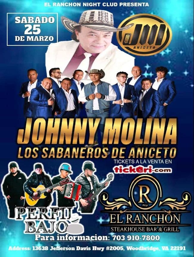 Event - JOHNNY MOLINA LOS SABANEROS DE ANICETO , PERFIL BAJO EN CONCIERTO ! WOODBRIDGE VIRGINIA - Woodbridge, Virginia - March 25, 2023 | concert tickets
