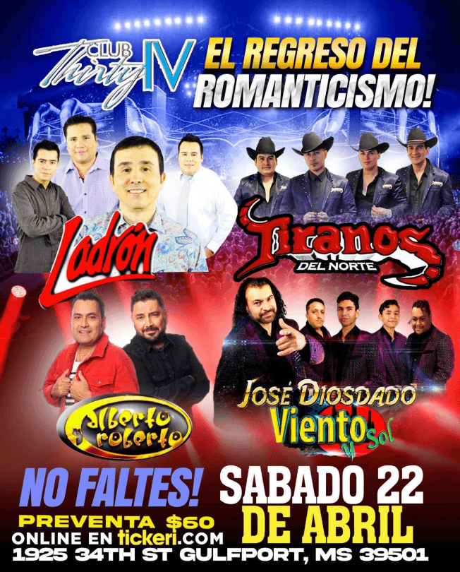 Event - LADRON , TIRANOS DEL NORTE , ALBERTO Y ROBERTO EN VIVO ! GULFPORT MISSISSIPPI- POSTPONED - Gulfport, Mississippi - April 22, 2023 | concert tickets