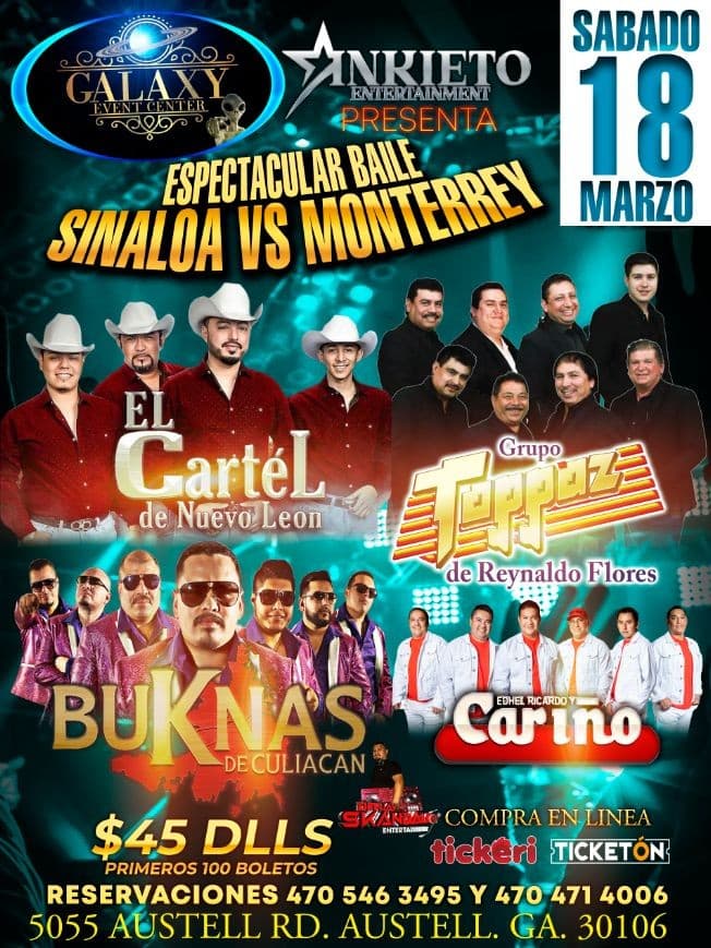 Event - El Cartel de Nuevo Leon , Grupo Toppaz, buKnas de Culiacan , Grupo Cariño - AUSTELL, Georgia - March 18, 2023 | concert tickets