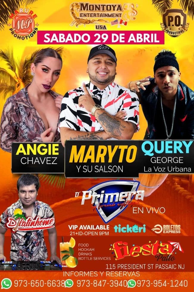 Event - ANGIE CHAVEZ , MARYTO Y SU SALSON , QUERY GEORGE LA VOZ URBANA EN VIVO ! PASSAIC NEW JERSEY - Passaic, New Jersey - April 29, 2023 | concert tickets