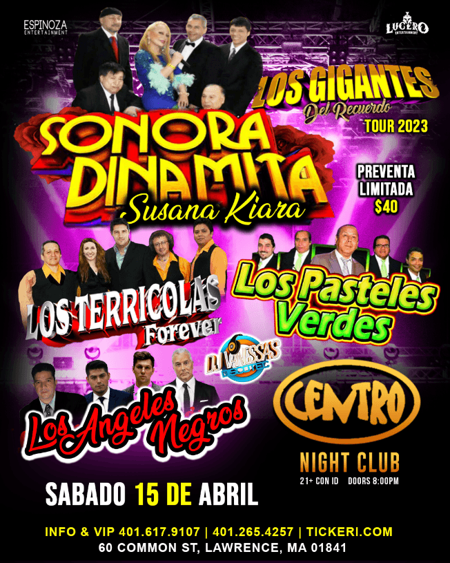 Event - LA SONORA DINAMITA, LOS PASTELES VERDES, LOS TERRICOLAS, LOS ANGELES NEGROS en Lawrence, MA - Lawrence, Massachusetts - April 15, 2023 | concert tickets