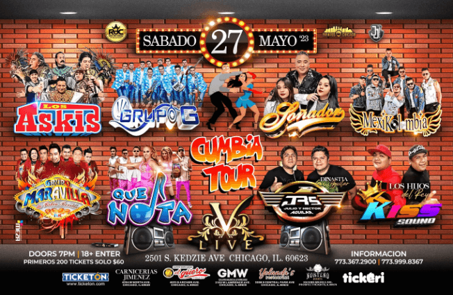 Event - LOS ASKIS , GRUPO G , SOÑADOR , MEXIKOLOMBIA , GRUPO MARAVILLA EN VIVO ! CHICAGO ILLINOIS - Chicago, Illinois - 27 de mayo de 2023 | concert tickets