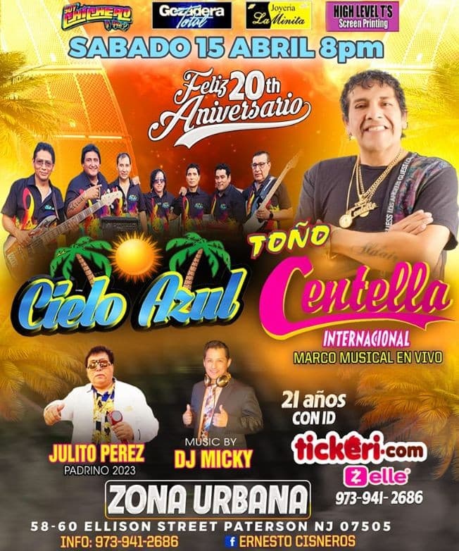 Event - TOÑO CENTELLA en NEW JERSEY - Paterson, New Jersey - April 15, 2023 | concert tickets