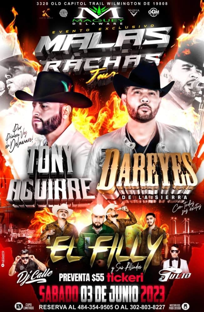Event - Malas Rachas Tour! TONY AGUIRRE , DAREYES Y EL FILLY - Wilmington, Delaware - June 3, 2023 | concert tickets