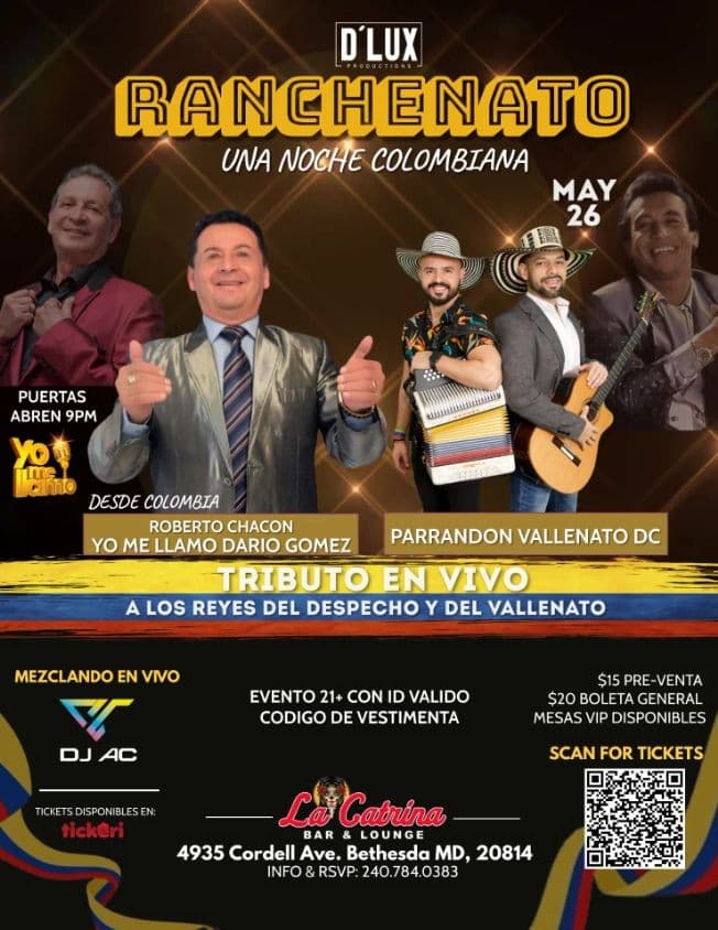 Event - Ranchenato Noche Colombiana Homenaje a Diomedes Diaz Y Dario Gomez - Bethesda, Maryland - May 26, 2023 | concert tickets