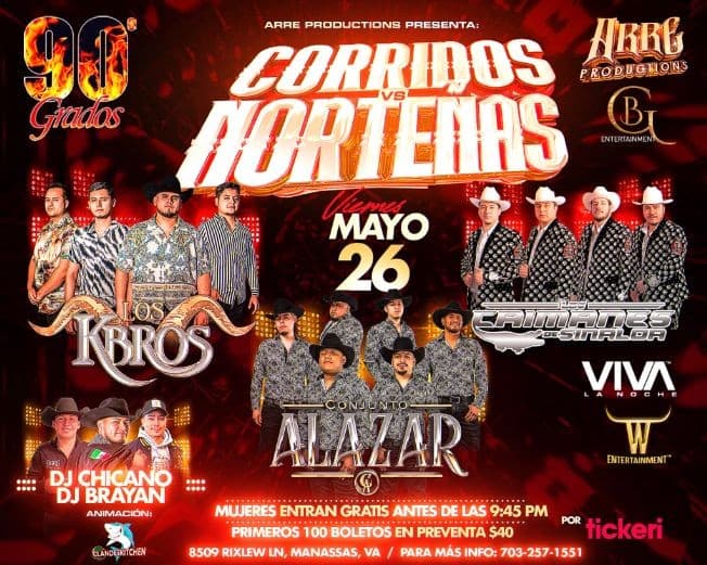 Event - Los K-Bros, Los Caimanes De Sinaloa, y Conjunto Alazar En Vivo! @ 90 Grados Nightclub, Manassas, VA - Manassas, Virginia - May 26, 2023 | concert tickets