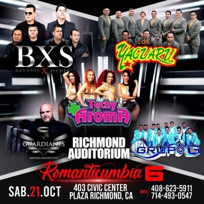 Event - BXS BRYNDIS POR SIEMPRE , TECHY Y SU AROMA, LOS YAGUARU, GUARDIANES DEL AMOR , GRUPO G EN VIVO ! RICHMOND CALIFORNIA - Richmond, California - October 21, 2023 | concert tickets