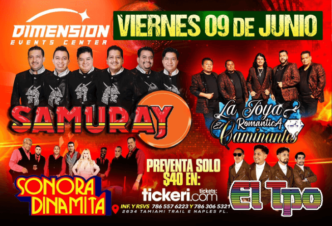 Event - SAMURAY , LA SONORA DINAMITA , EL TPO EN VIVO ! NAPLES FLORIDA- CANCELLED - Naples, Florida - June 9, 2023 | concert tickets