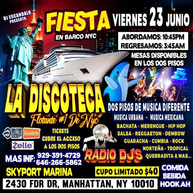 Event - Fiesta En Barco + Radio Dj's + Dos Pisos De Musica Diferente Un Solo Precio - New York, New York - June 23, 2023 | concert tickets