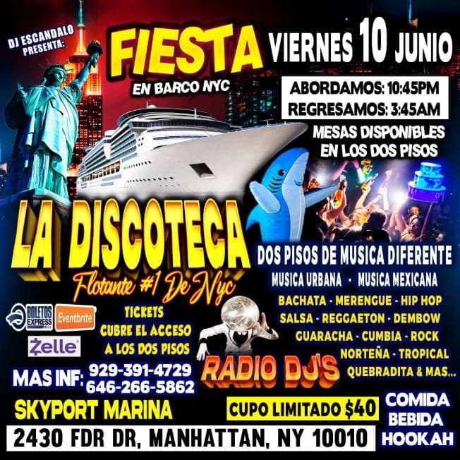 Event - Fiesta En Barco + Radio Dj's + Dos Pisos De Musica Diferente Un Solo Precio - New York, New York - June 10, 2023 | concert tickets