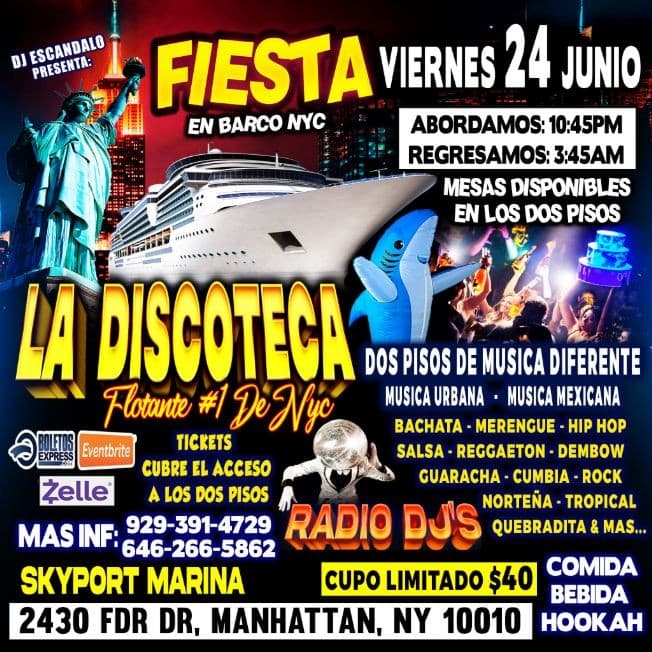 Event - Fiesta En Barco + Radio Dj's + Dos Pisos De Musica Diferente Un Solo Precio - New York, New York - June 24, 2023 | concert tickets