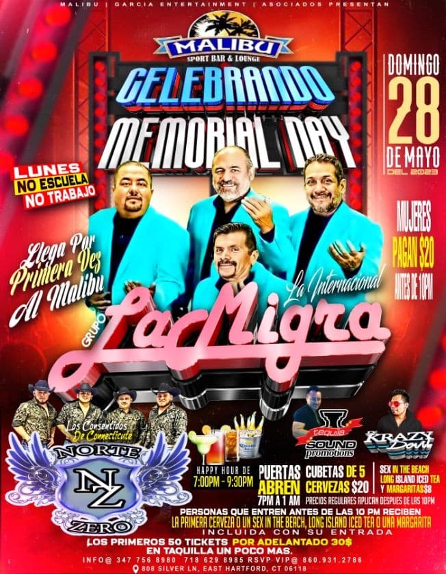 Event - El Grupo Internacional "La Migra" & El Grupo Norteño "Norte Zero" En Concierto Celebrando El Memorial Day, Domingo 28 De Mayo En Malibu Sports Bar & Lounge - East Hartford, Connecticut - 28 de mayo de 2023 | concert tickets