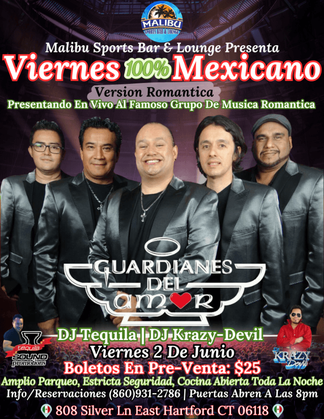 Event - Malibu Sports Bar & Lounge Te Presenta Al Grupo De Musica Romantica "Guardianes Del Amor" En Concierto Este Proximo Viernes 2 De Junio - East Hartford, Connecticut - June 2, 2023 | concert tickets