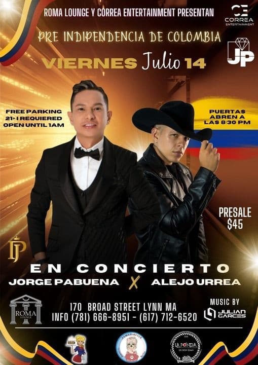Event - JORGE PABUENA Y ALEJO URREA EN CONCIERTO ! LYNN MASSACHUSETTS - Lynn, Massachusetts - July 14, 2023 | concert tickets