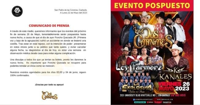 Event - LOS DOS CARNALES, KANALES, Los Farmerz & Banda La Explosiva - en Maryland POSPUESTO. ***POSTPONED - Adelphi, Maryland - May 26, 2023 | concert tickets