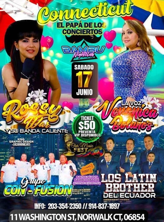 Event - ROSSY WAR , VERONICA BOLAÑOS , GRUPO CON -FUSION EN VIVO ! NORWALK CONNECTICUT - Norwalk, Connecticut - June 17, 2023 | concert tickets