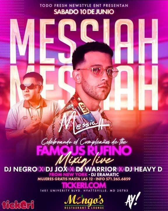 Event - JUNIO 10 MESSIAH EN CONCIERTO en MANGOS LOUNGE DE HYATTSVILLE MARYLAND - Hyattsville, Maryland - June 10, 2023 | concert tickets